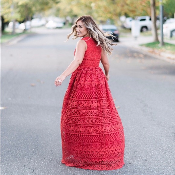 Red crochet lace maxi dress formal gown long - Picture 6 of 7